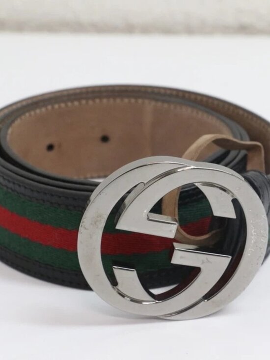 Gucci 114984 Web Green Red Canvas Leather Interlocking G Buckle Belt 90 / 36 main image 6